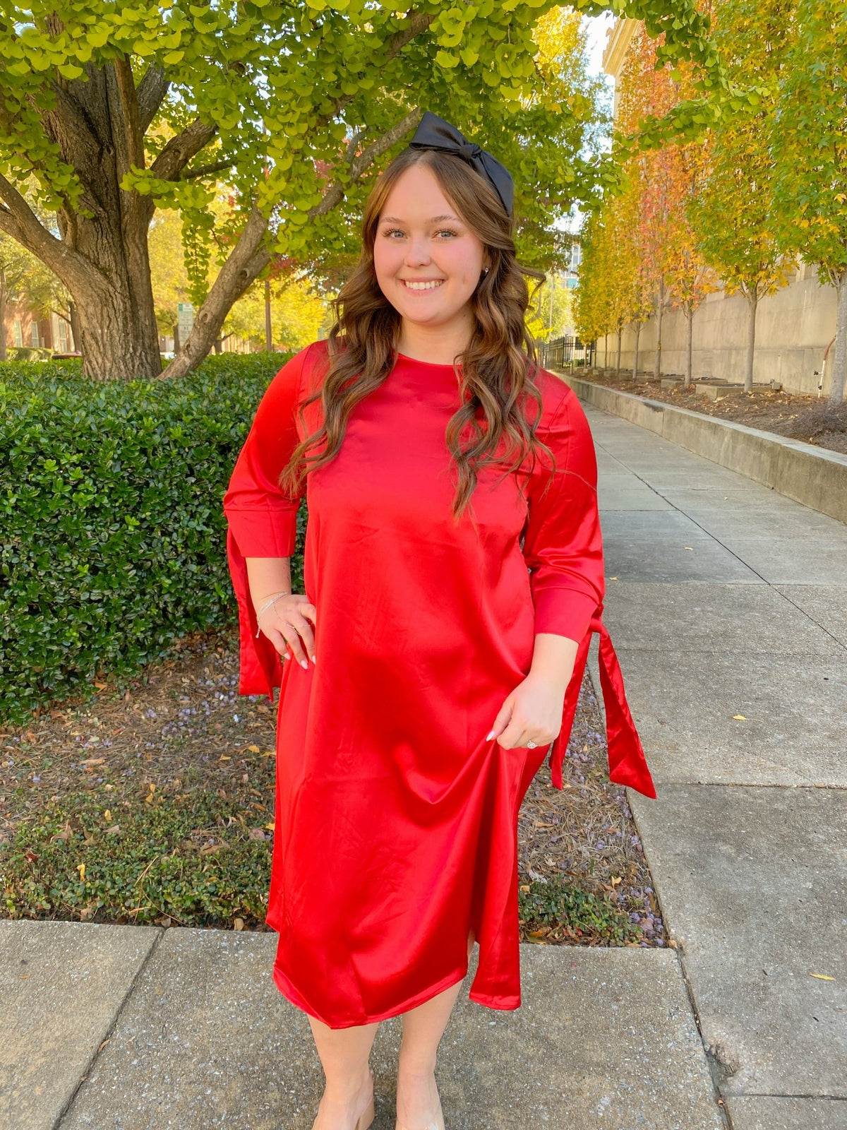 Red Satin Tied Sleeves Dress | Cezele