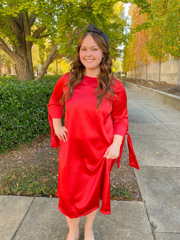 Red Satin Tied Sleeves Dress | Cezele