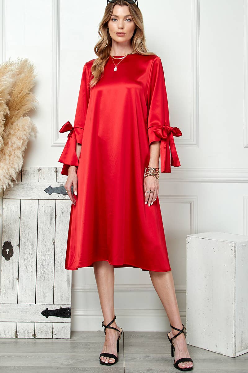 Red Satin Tied Sleeves Dress | Cezele
