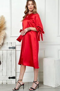 Red Satin Tied Sleeves Dress | Cezele