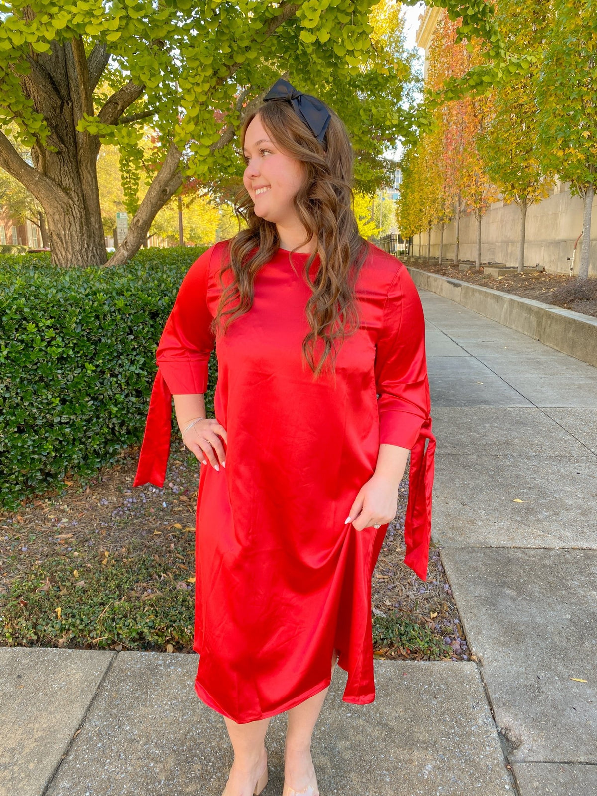 Red Satin Tied Sleeves Dress | Cezele