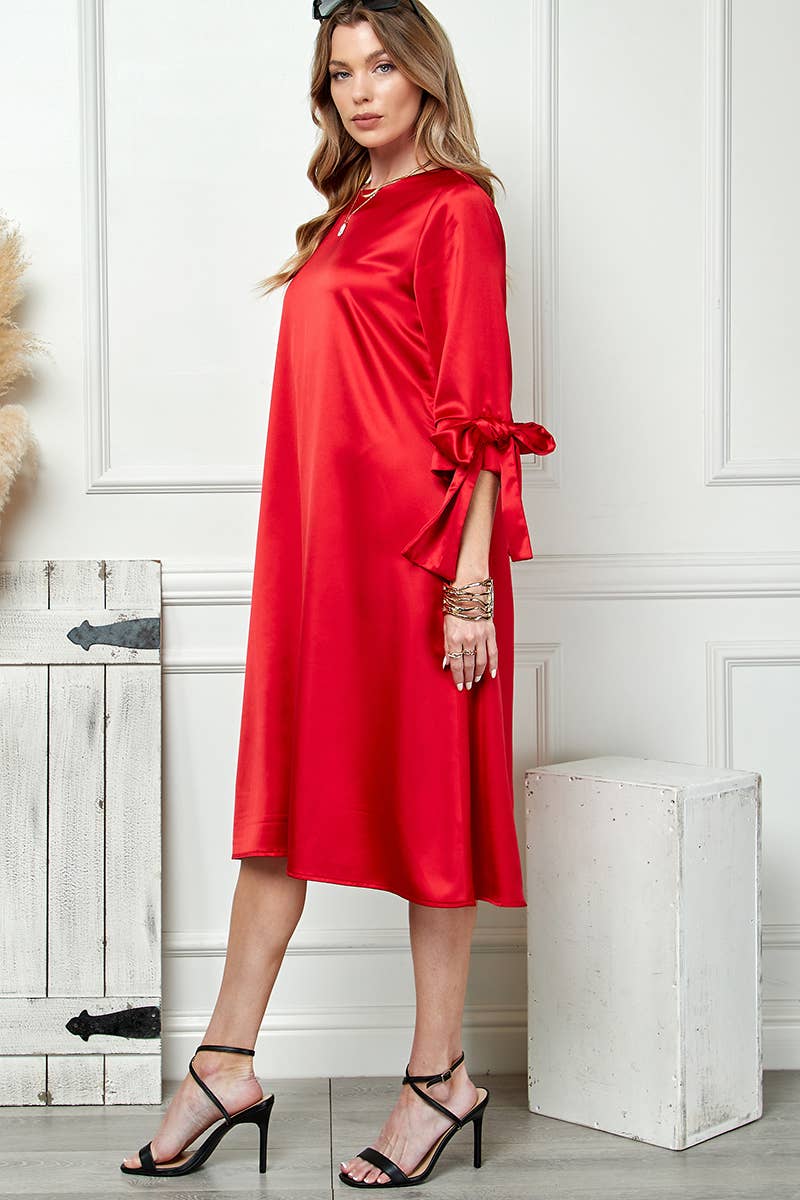 Red Satin Tied Sleeves Dress | Cezele