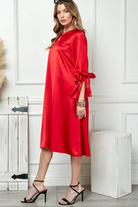 Red Satin Tied Sleeves Dress | Cezele