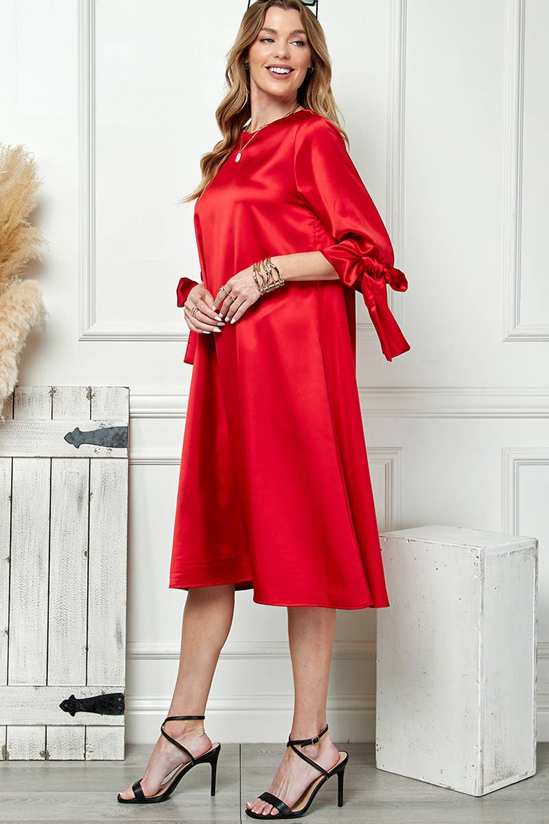 Red Satin Tied Sleeves Dress | Cezele