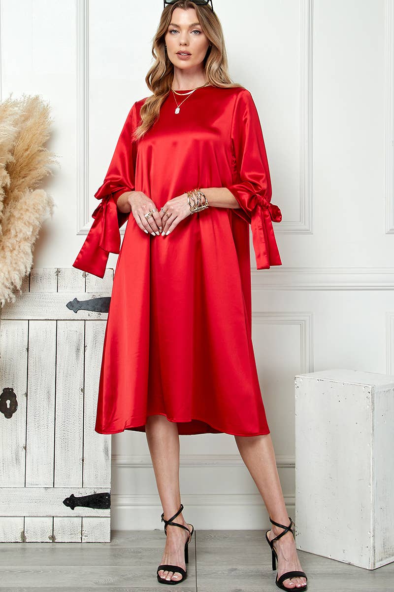 Red Satin Tied Sleeves Dress | Cezele