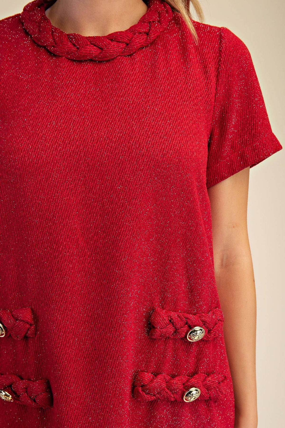 Red Tweed Round Neck Twist Trim Mini Dress | Glam