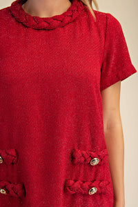 Red Tweed Round Neck Twist Trim Mini Dress | Glam