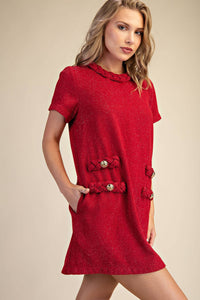 Red Tweed Round Neck Twist Trim Mini Dress | Glam