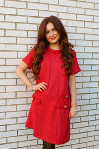 Red Tweed Round Neck Twist Trim Mini Dress | Glam