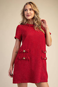 Red Tweed Round Neck Twist Trim Mini Dress | Glam