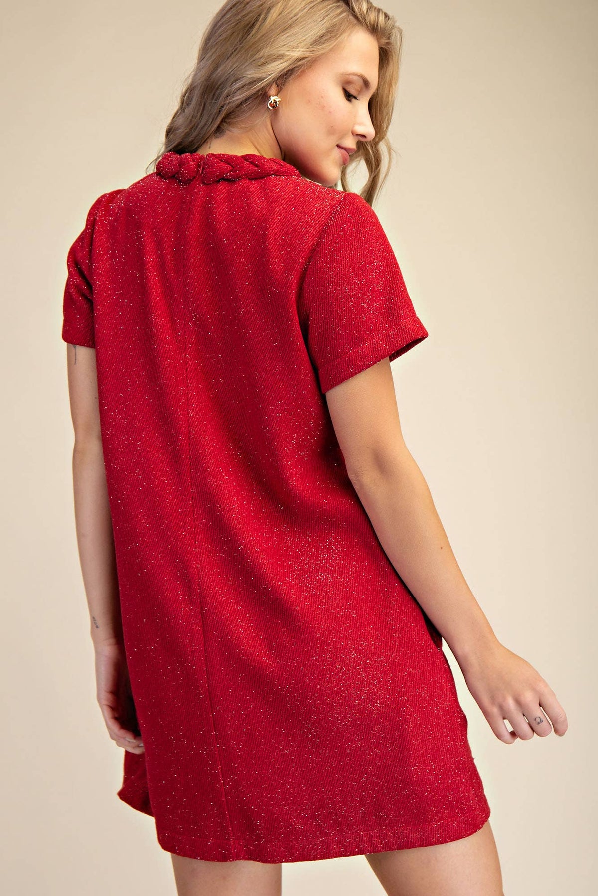 Red Tweed Round Neck Twist Trim Mini Dress | Glam