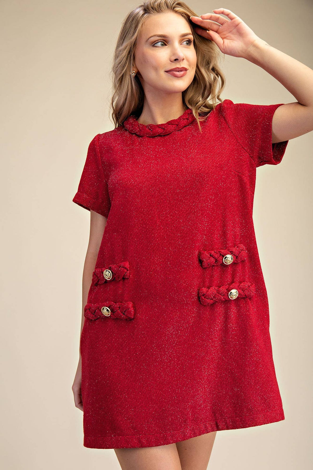 Red Tweed Round Neck Twist Trim Mini Dress | Glam
