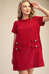Red Tweed Round Neck Twist Trim Mini Dress | Glam