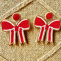 Red with White and Gold Trim Seedbead Coquette Bow Earrings | Kym Imports
