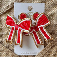 Red with White and Gold Trim Seedbead Coquette Bow Earrings | Kym Imports