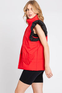 RED/BLACK PUFF SNAP BUTTON COLORBLOCK HIGH NECK VEST | Sewn and Seen