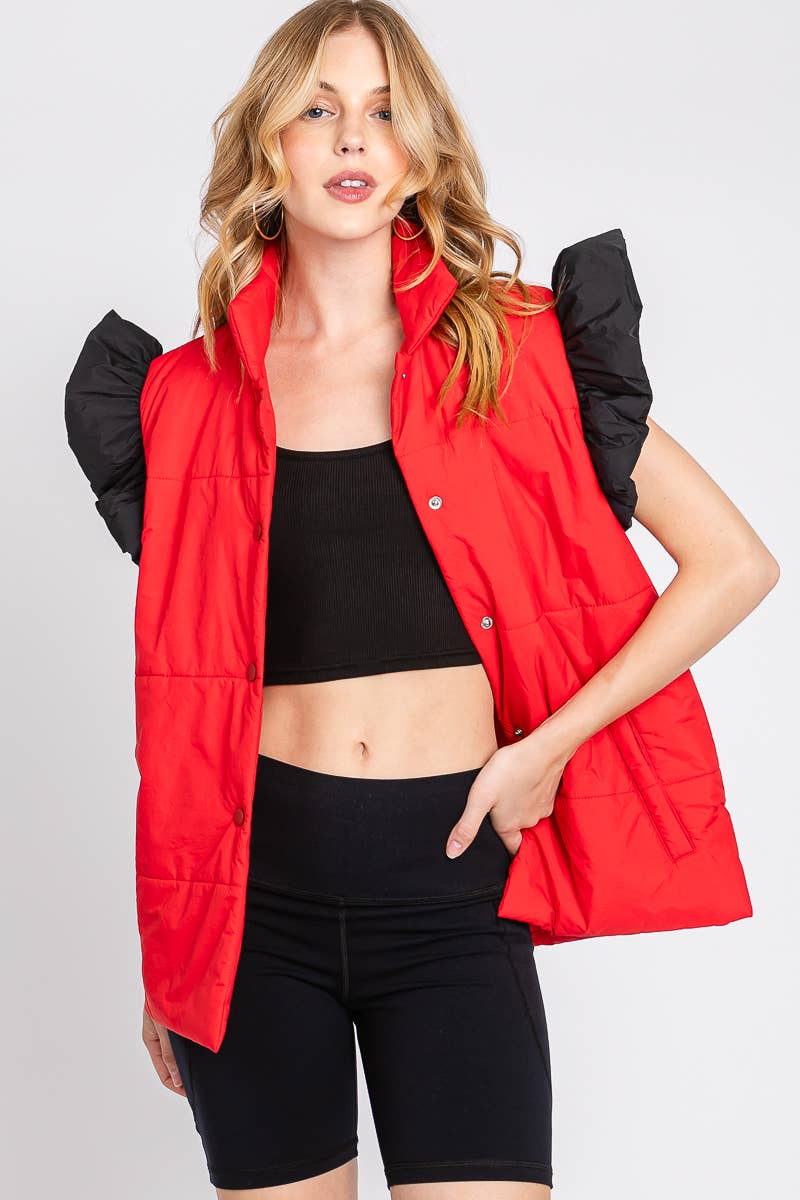 RED/BLACK PUFF SNAP BUTTON COLORBLOCK HIGH NECK VEST | Sewn and Seen