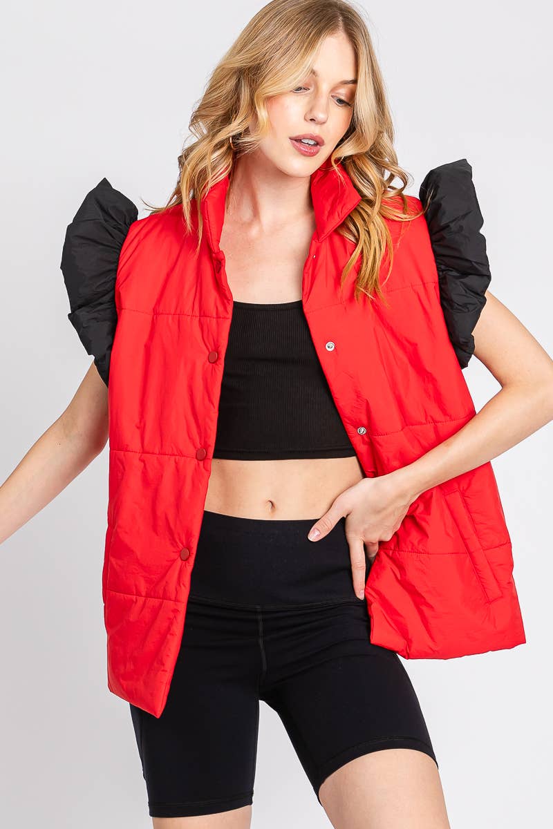 RED/BLACK PUFF SNAP BUTTON COLORBLOCK HIGH NECK VEST | Sewn and Seen