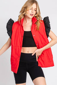 RED/BLACK PUFF SNAP BUTTON COLORBLOCK HIGH NECK VEST | Sewn and Seen