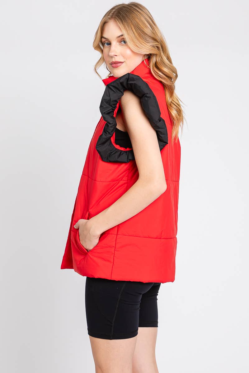 RED/BLACK PUFF SNAP BUTTON COLORBLOCK HIGH NECK VEST | Sewn and Seen