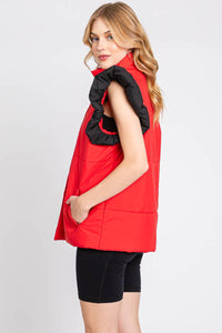 RED/BLACK PUFF SNAP BUTTON COLORBLOCK HIGH NECK VEST | Sewn and Seen