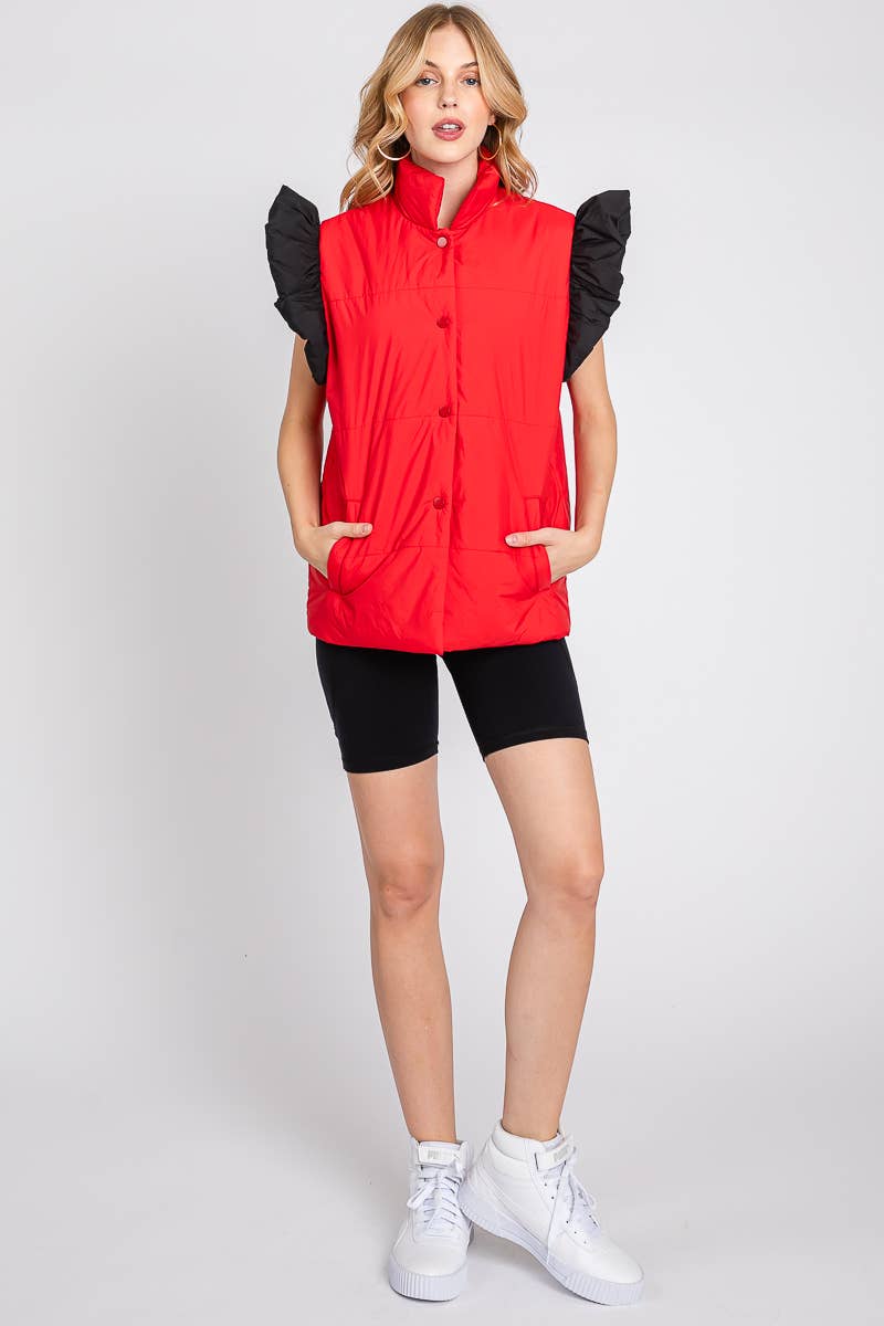 RED/BLACK PUFF SNAP BUTTON COLORBLOCK HIGH NECK VEST | Sewn and Seen