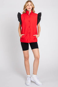 RED/BLACK PUFF SNAP BUTTON COLORBLOCK HIGH NECK VEST | Sewn and Seen