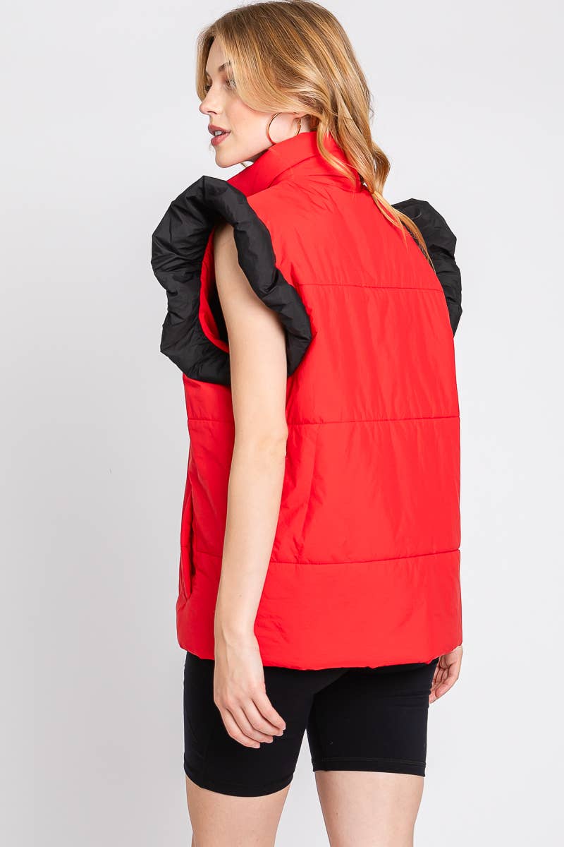 RED/BLACK PUFF SNAP BUTTON COLORBLOCK HIGH NECK VEST | Sewn and Seen