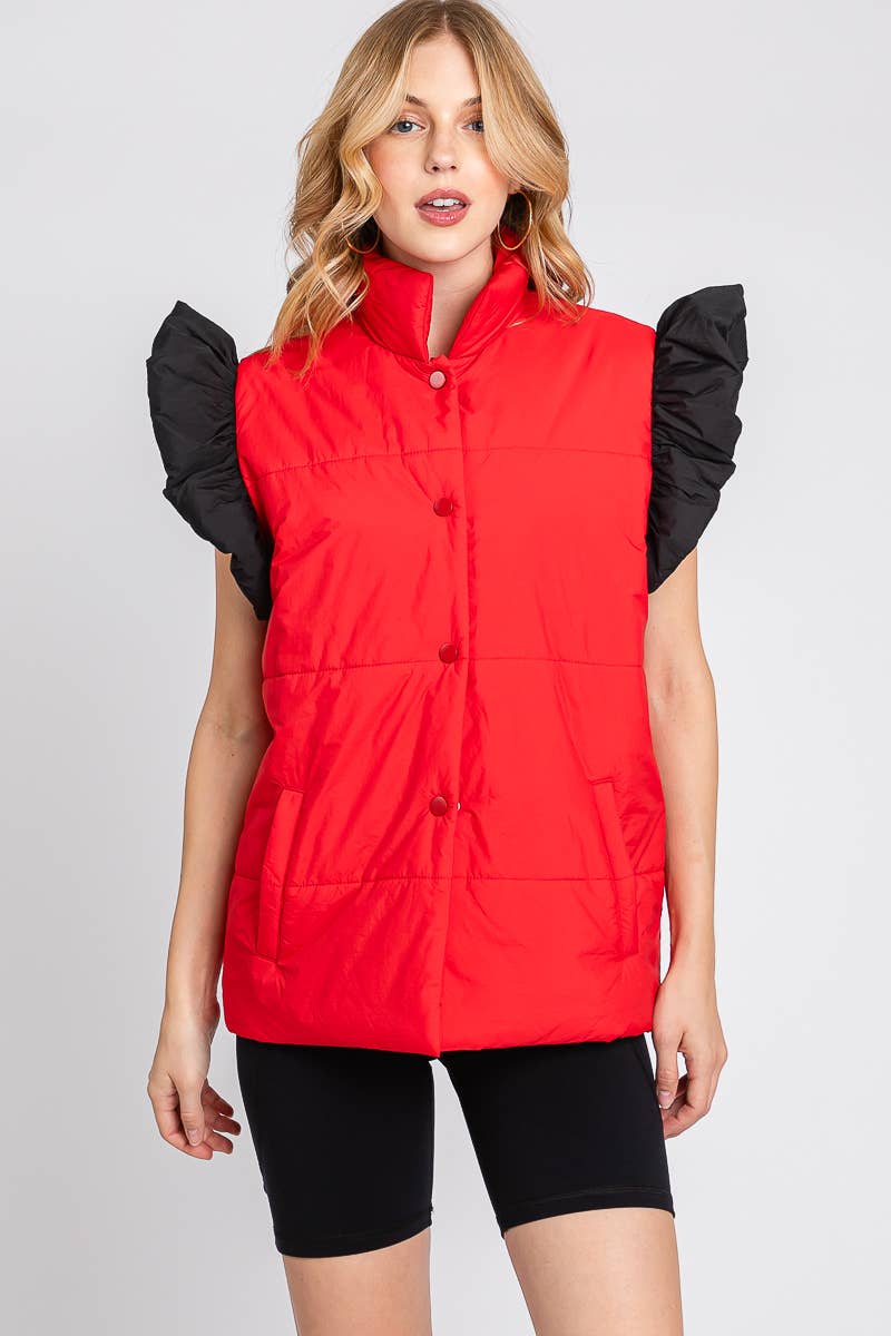 RED/BLACK PUFF SNAP BUTTON COLORBLOCK HIGH NECK VEST | Sewn and Seen