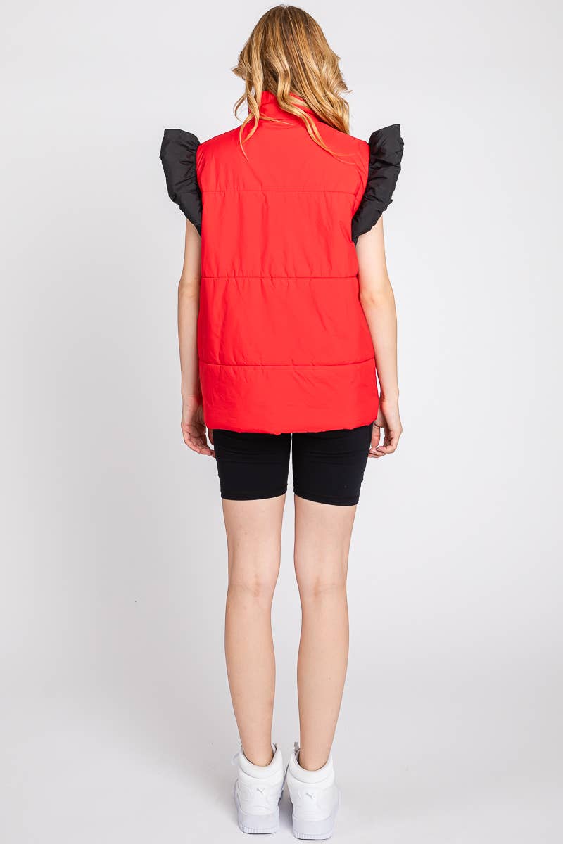 RED/BLACK PUFF SNAP BUTTON COLORBLOCK HIGH NECK VEST | Sewn and Seen