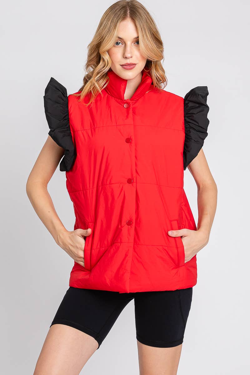 RED/BLACK PUFF SNAP BUTTON COLORBLOCK HIGH NECK VEST | Sewn and Seen
