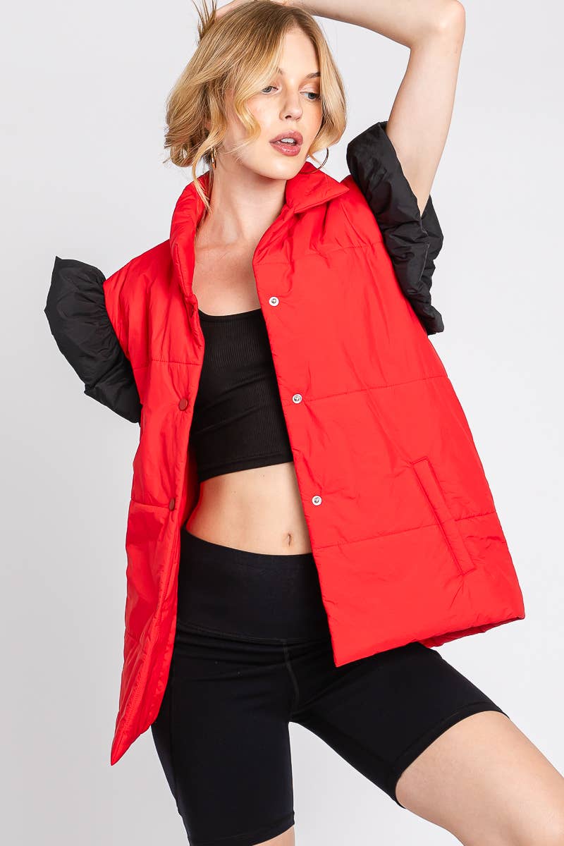 RED/BLACK PUFF SNAP BUTTON COLORBLOCK HIGH NECK VEST | Sewn and Seen