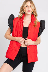 RED/BLACK PUFF SNAP BUTTON COLORBLOCK HIGH NECK VEST | Sewn and Seen