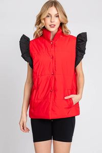 RED/BLACK PUFF SNAP BUTTON COLORBLOCK HIGH NECK VEST | Sewn and Seen