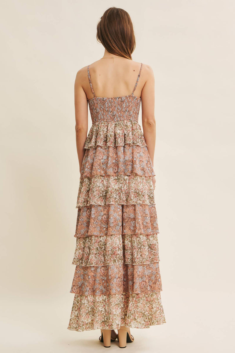 ROMANTIC FLORAL TIERED RUFFLE MAXI DRESS WITH SMOCKED BACK ROMANTIC FLORAL TIERED RUFFLE MAXI DRESS WITH SMOCKED BACK