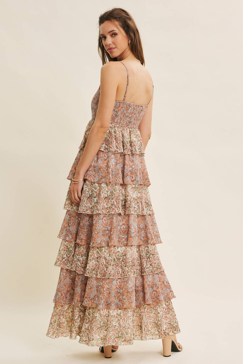 ROMANTIC FLORAL TIERED RUFFLE MAXI DRESS WITH SMOCKED BACK ROMANTIC FLORAL TIERED RUFFLE MAXI DRESS WITH SMOCKED BACK