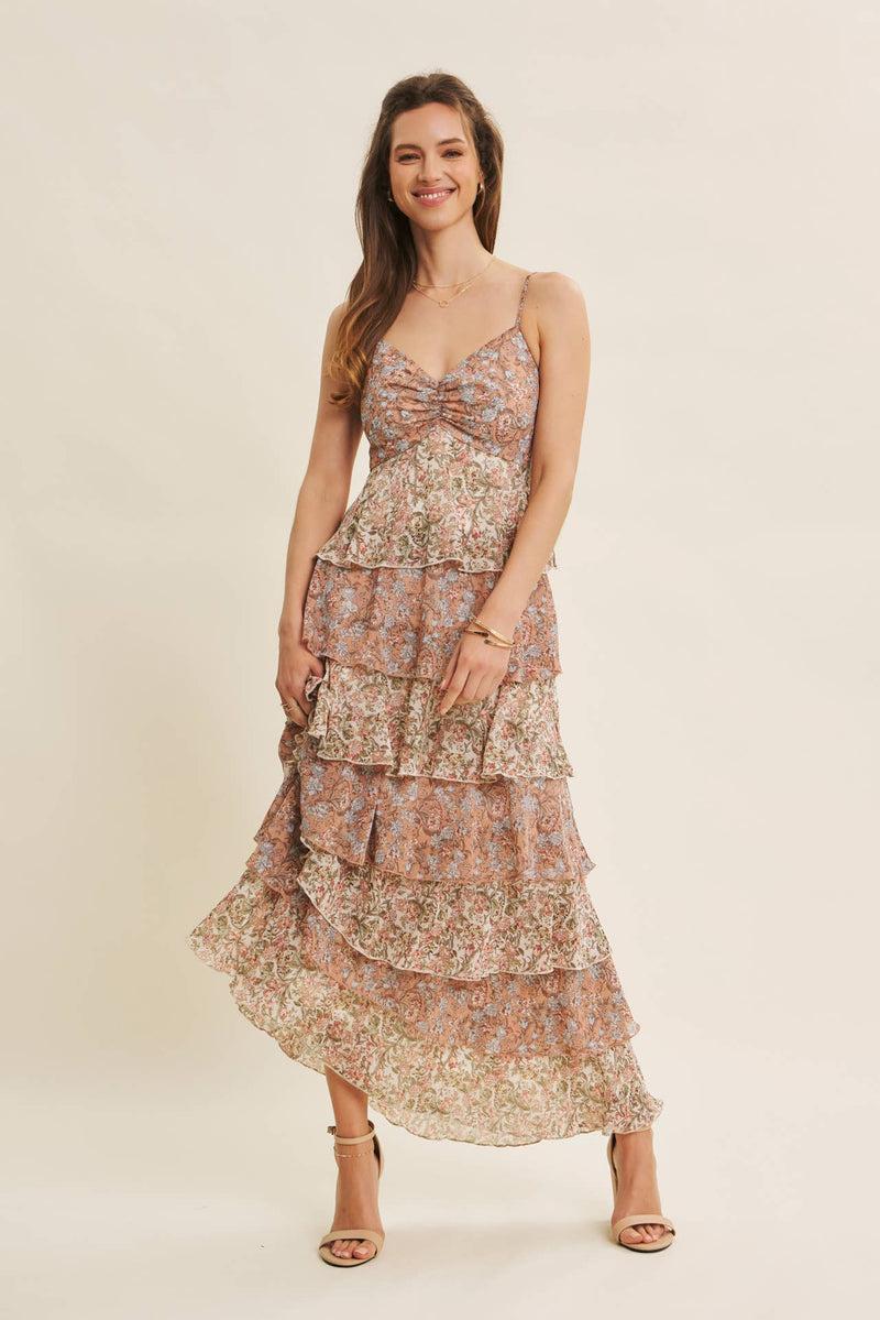 ROMANTIC FLORAL TIERED RUFFLE MAXI DRESS WITH SMOCKED BACK ROMANTIC FLORAL TIERED RUFFLE MAXI DRESS WITH SMOCKED BACK