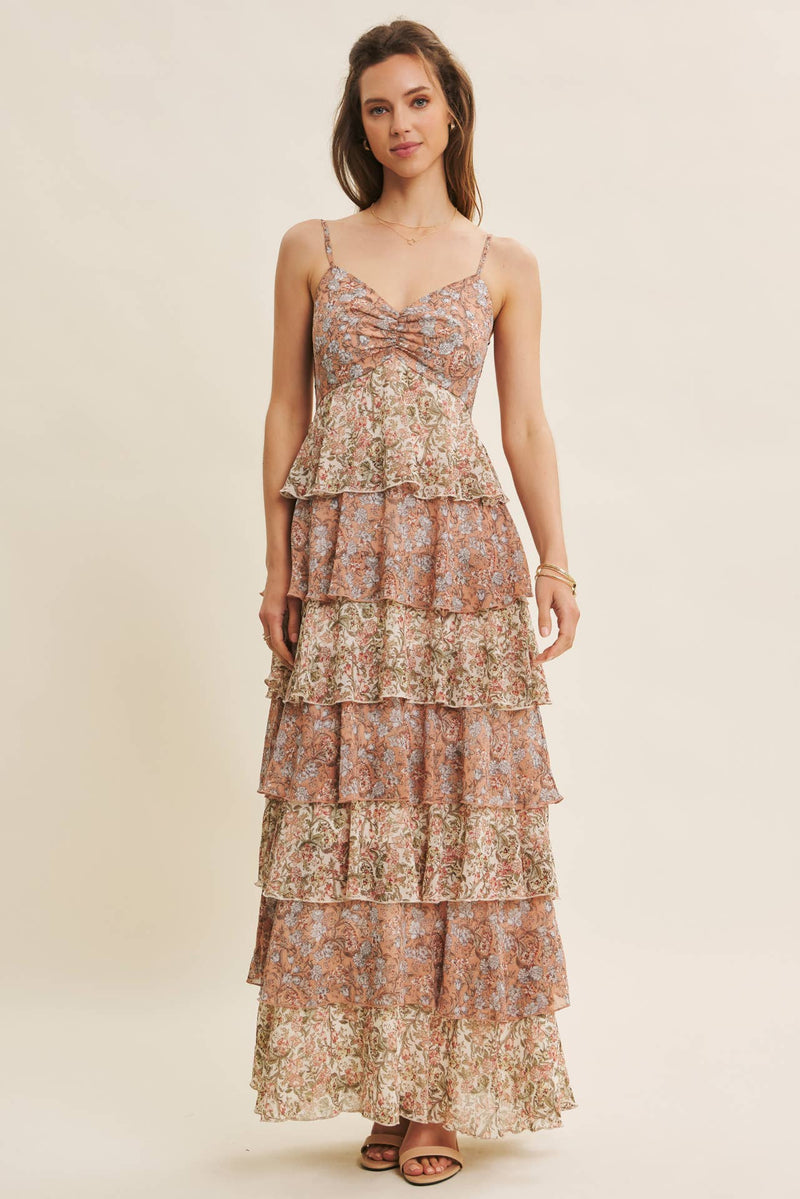 ROMANTIC FLORAL TIERED RUFFLE MAXI DRESS WITH SMOCKED BACK ROMANTIC FLORAL TIERED RUFFLE MAXI DRESS WITH SMOCKED BACK