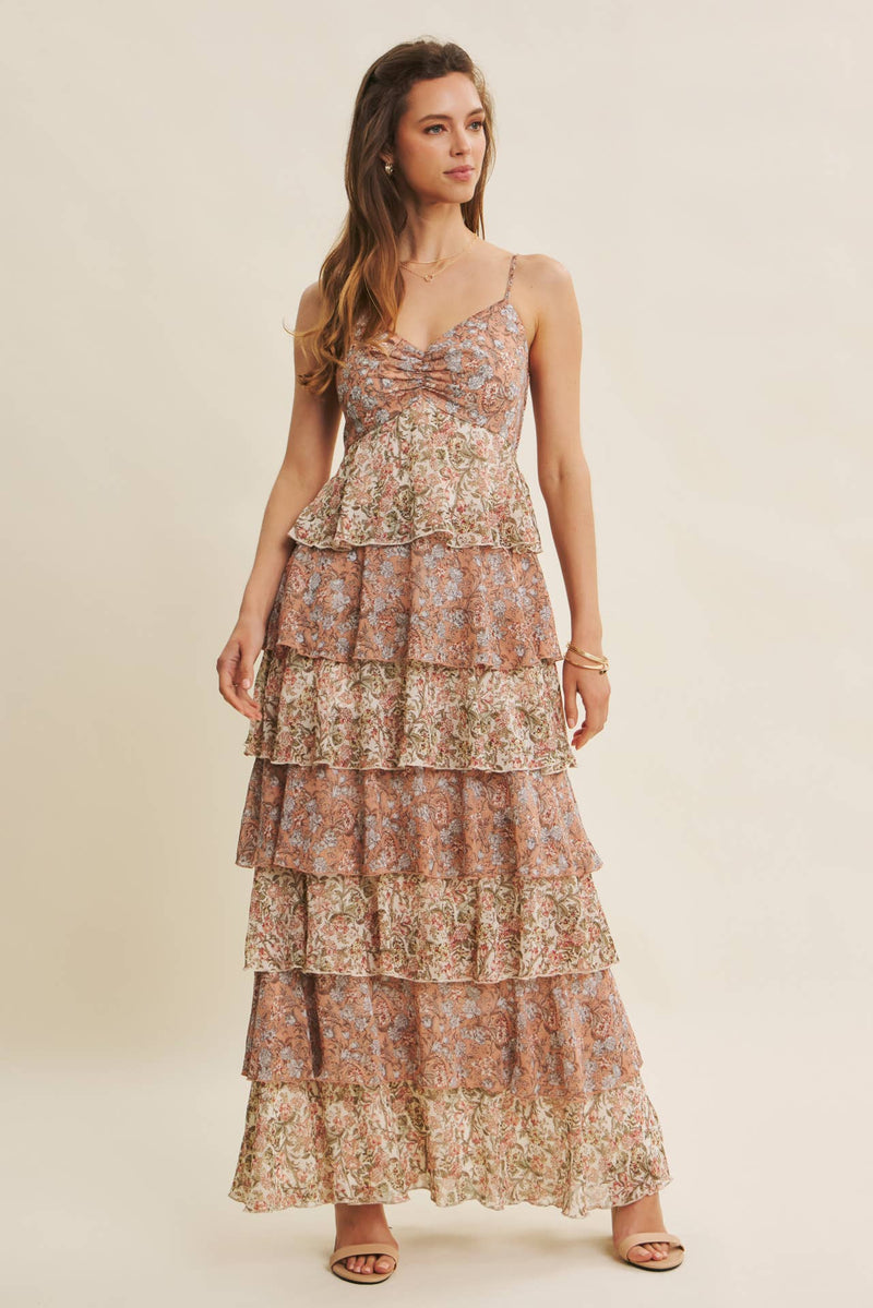 Madison Romantic Floral Tiered Maxi Dress L / Natural Multi Madison Romantic Floral Tiered Maxi Dress L / Natural Multi