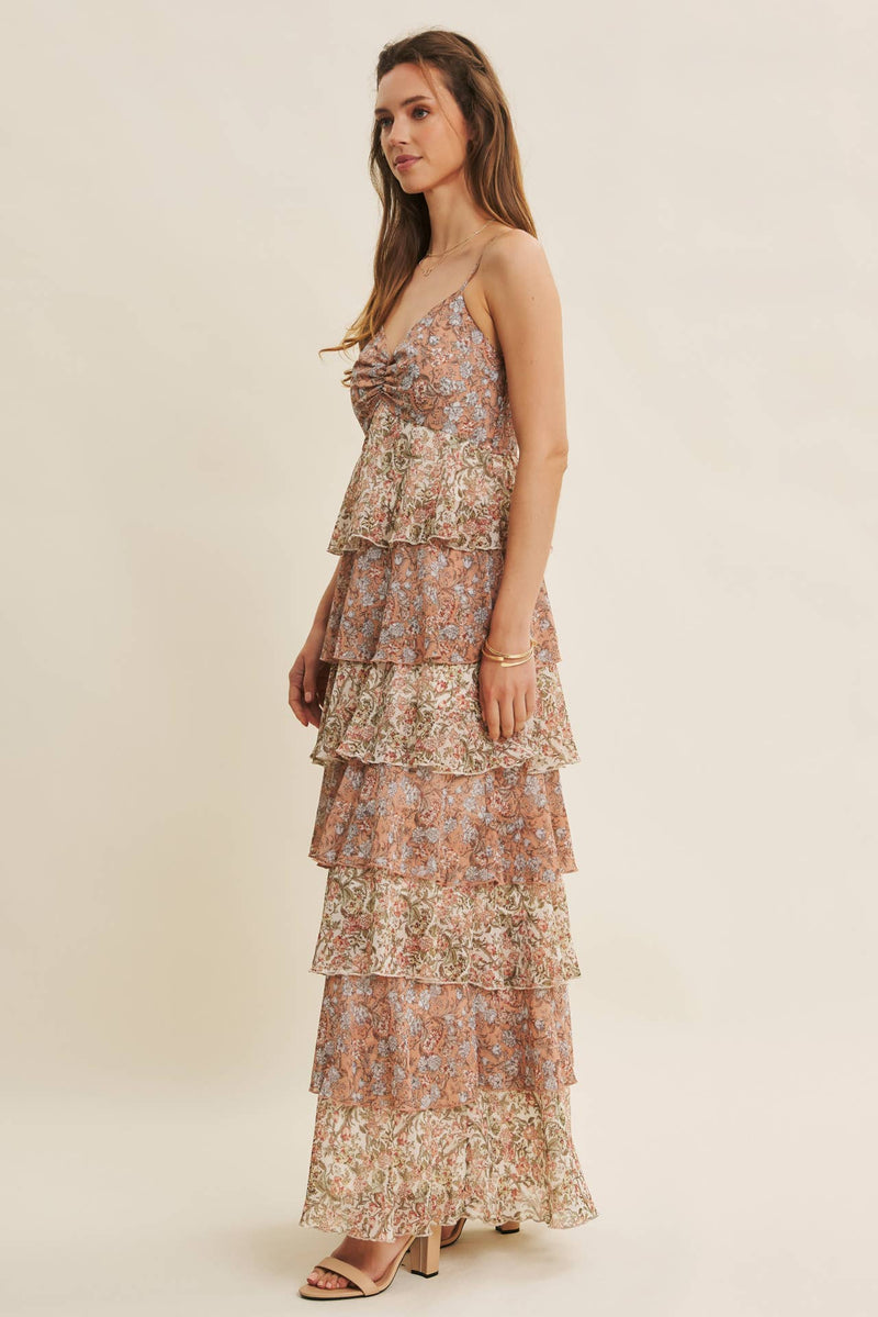 fitted lace wedding dress Madison Romantic Floral Tiered Maxi Dress L / Natural Multi