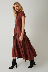 RUST MOCK NECK SHORT SLEEVE KNIT & WOVEN MIX TIERED MIDI DRESS | Sunday Edition by LE LIS