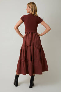 RUST MOCK NECK SHORT SLEEVE KNIT & WOVEN MIX TIERED MIDI DRESS | Sunday Edition by LE LIS