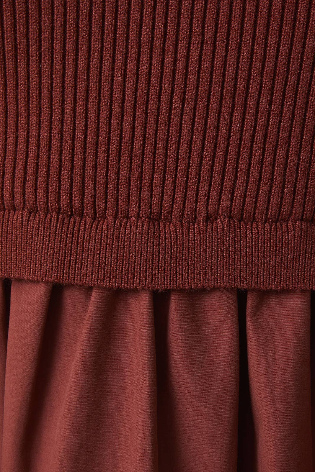 RUST MOCK NECK SHORT SLEEVE KNIT & WOVEN MIX TIERED MIDI DRESS | Sunday Edition by LE LIS