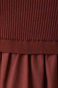 RUST MOCK NECK SHORT SLEEVE KNIT & WOVEN MIX TIERED MIDI DRESS | Sunday Edition by LE LIS