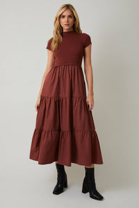 RUST MOCK NECK SHORT SLEEVE KNIT & WOVEN MIX TIERED MIDI DRESS | Sunday Edition by LE LIS