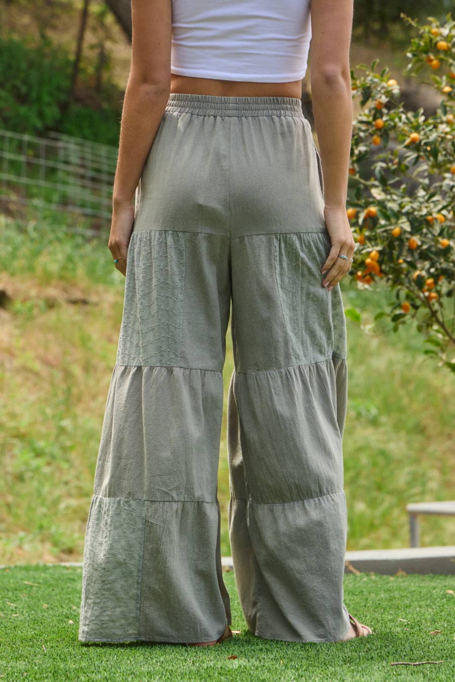 Sage Acid Wash Tired Mixed Fabric Palazzo Pants | Oddi