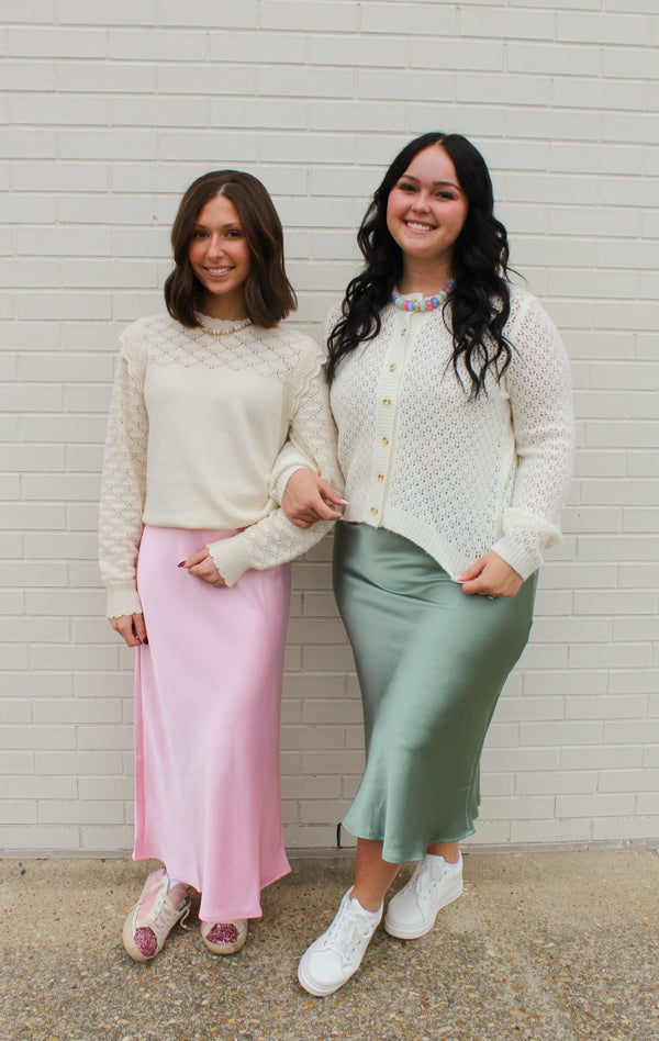 Sage Green Satin Midi Skirt | HYFVE