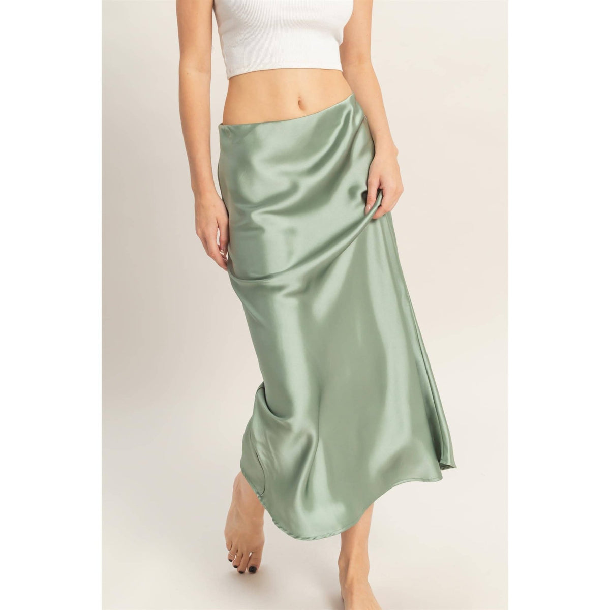 Sage Green Satin Midi Skirt | HYFVE