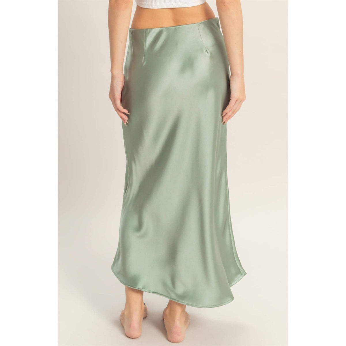 Sage Green Satin Midi Skirt | HYFVE