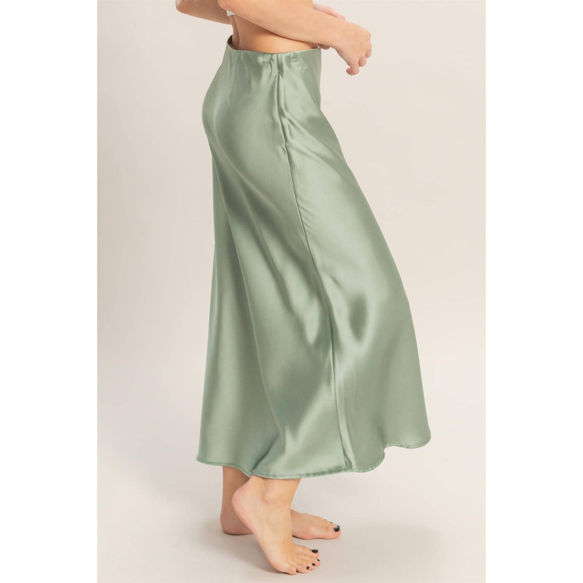 Sage Green Satin Midi Skirt | HYFVE